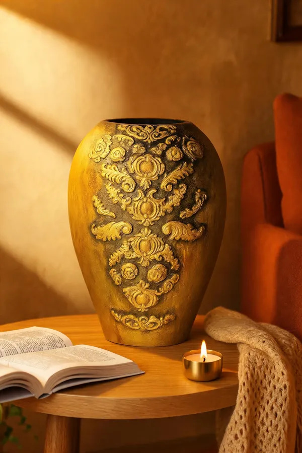 Hand-Painted_Terracotta_Artisan_Golden_Embossed_Floral_Decorative_Vase