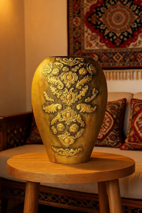 Hand-Painted_Terracotta_Artisan_Golden_Embossed_Floral_Decorative_Vase