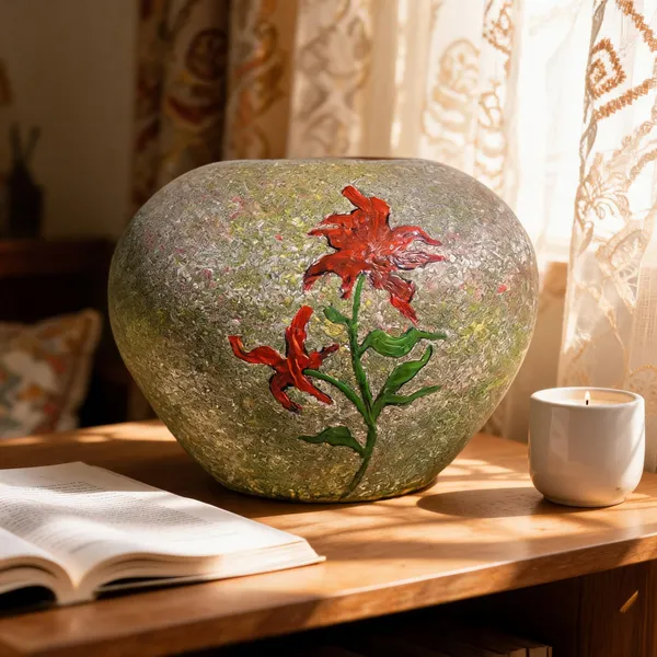 Hand-Painted_Terracotta_Grey_Circular_Textured_Floral_Decorative_Vase