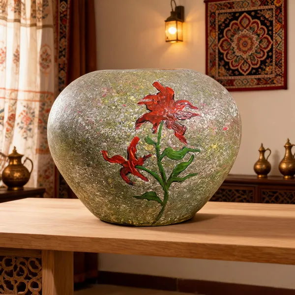 Hand-Painted_Terracotta_Grey_Circular_Textured_Floral_Decorative_Vase