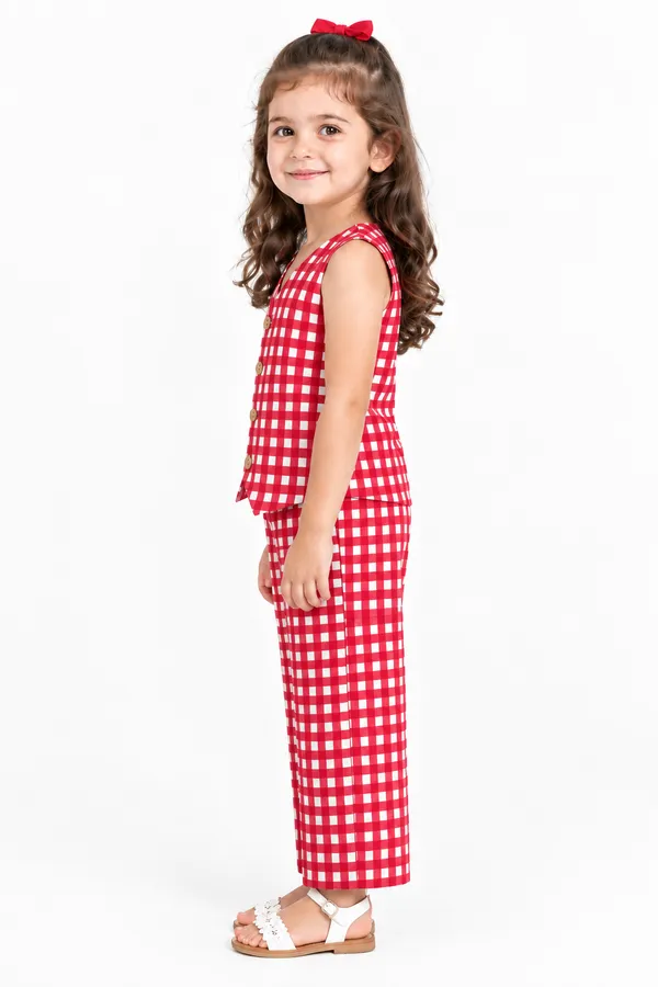 Red_Gingham_Sleeveless_Waistcoat_Set_For_Girls