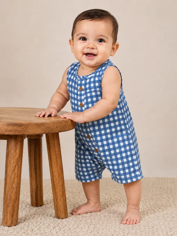 Blue_Gingham_Unisex_Sleeveless_Romper_for_Babies
