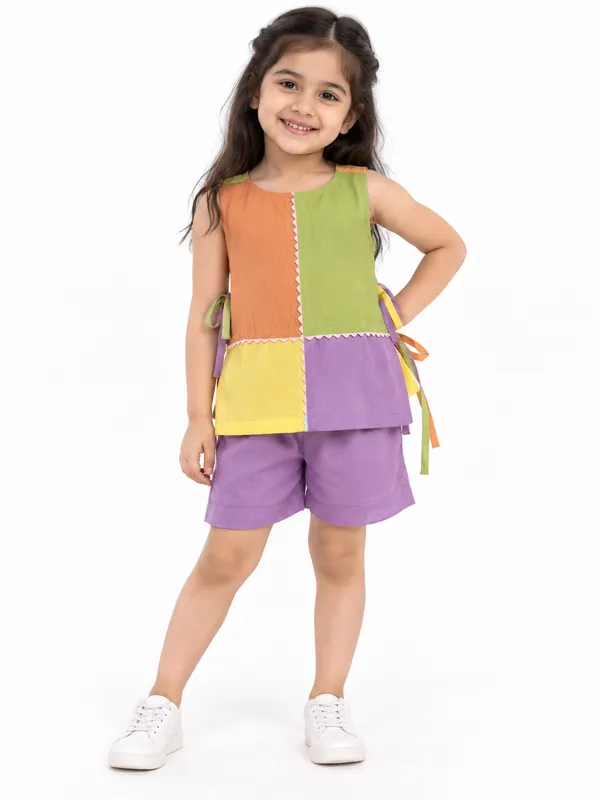 Multicolour_Mul_Chanderi_Sleeveless_Colorblock_Co-Ord_Set_For_Girls