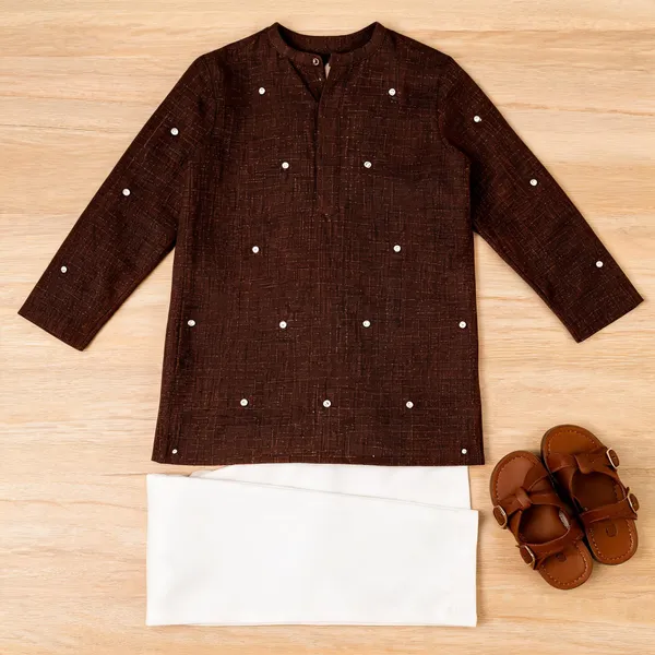 Brown_Cotton_Doria_Mirror_Work_Kurta_Set_For_Boys