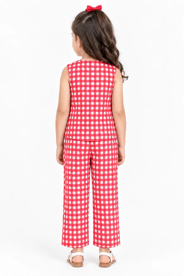 Red_Gingham_Sleeveless_Waistcoat_Set_For_Girls