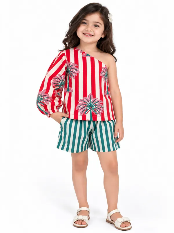 Red_And_Teal_Striped_One_Shoulder_Coord_Set_For_Girls
