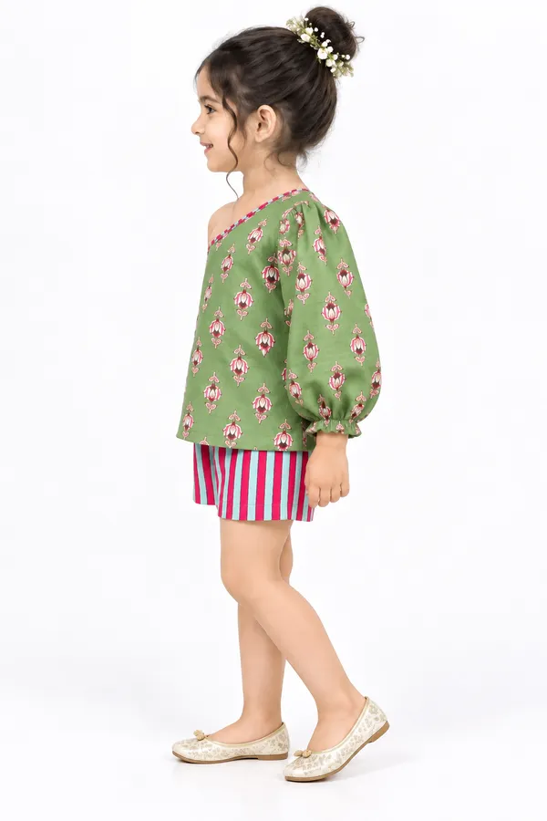 Green_Floral_One_Shoulder_Coord_Set_For_Girls
