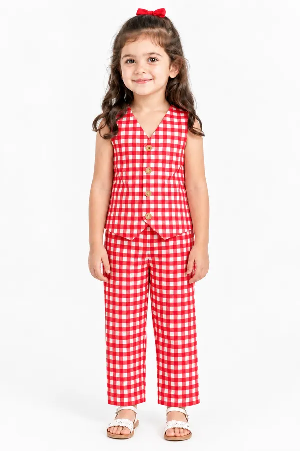 Red_Gingham_Sleeveless_Waistcoat_Set_For_Girls