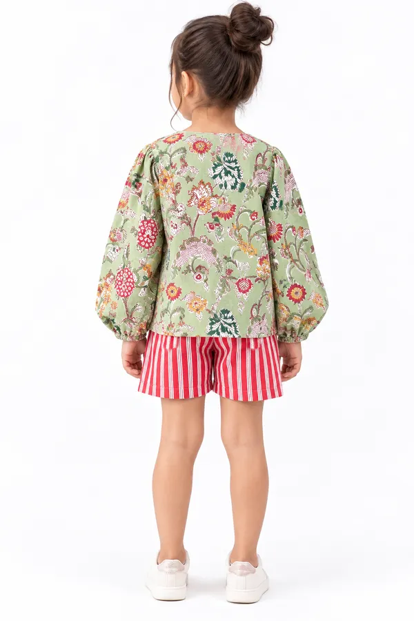 Green_Floral_Print_Tieup_Top_And_Shorts_Set_for_Girls