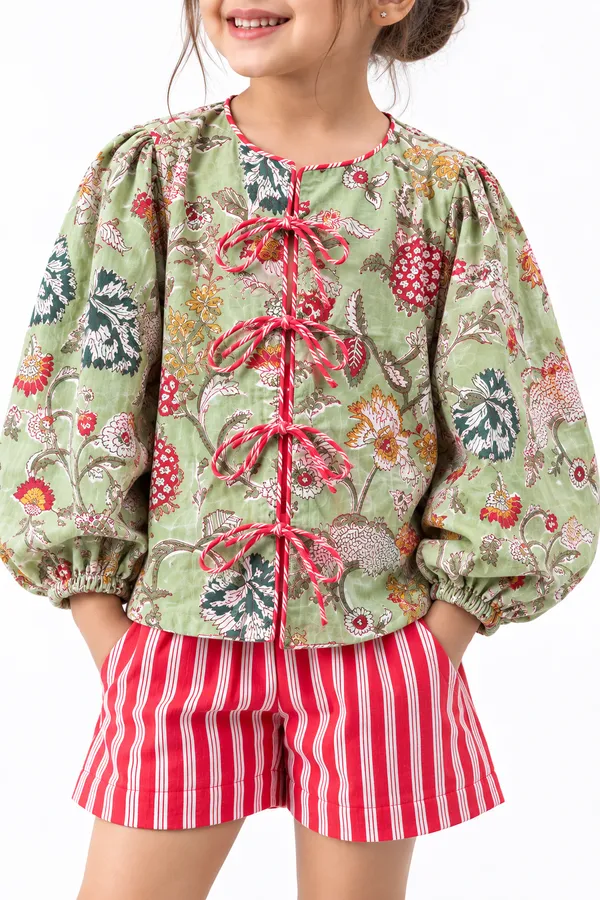 Green_Floral_Print_Tieup_Top_And_Shorts_Set_for_Girls