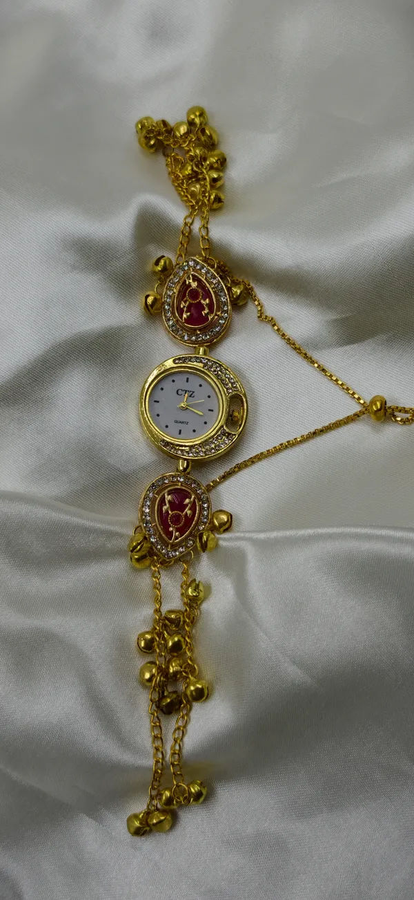 Gold_Tone_Stone_Embellished_Charm_Bracelet_Wrist_Watch_For_Women