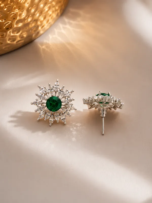Green_Brass_Floral_Sunburst_Stud_Earrings_For_Women
