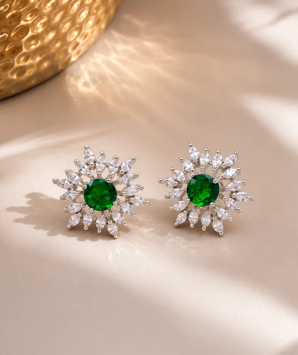 Green_Brass_Floral_Sunburst_Stud_Earrings_For_Women