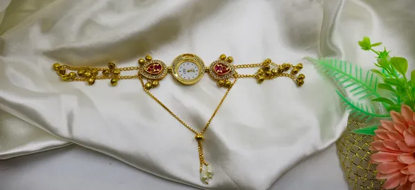Gold_Tone_Stone_Embellished_Charm_Bracelet_Wrist_Watch_For_Women