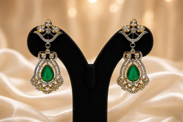 Gold_Green_Tone_Teardrop_Stone_Drop_Earrings_For_Women
