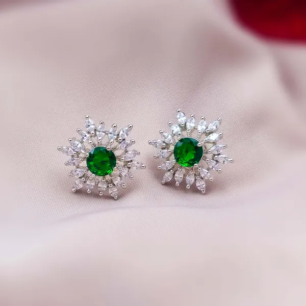 Green_Brass_Floral_Sunburst_Stud_Earrings_For_Women