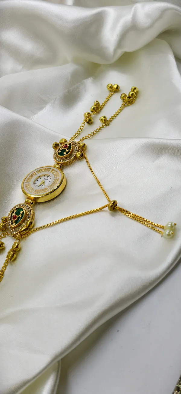 Gold_Green_Tone_Ornamental_Watch_Bracelet_For_Women