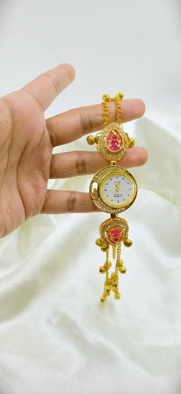 Gold_Tone_Stone_Embellished_Charm_Bracelet_Wrist_Watch_For_Women