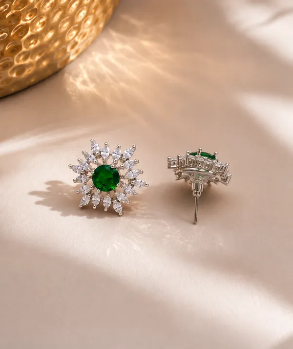 Green_Brass_Floral_Sunburst_Stud_Earrings_For_Women