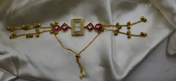 Gold_Tone_Stone_Embellished_Bracelet_Wrist_Watch_For_Women