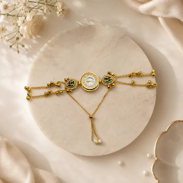 Gold_Green_Tone_Ornamental_Watch_Bracelet_For_Women