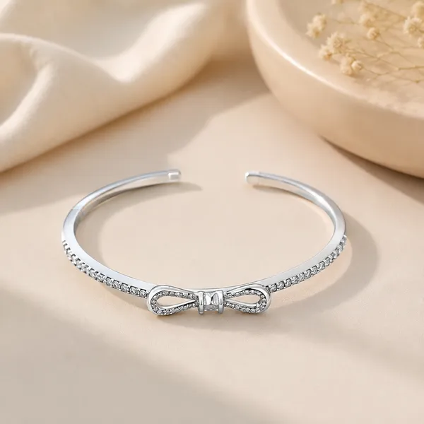 Silver_Tone_Bow_Detail_Open_Bangle_Bracelet_For_Women