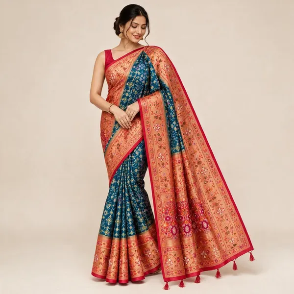 Blue_&_Pink_Silk_Saree_For_Women