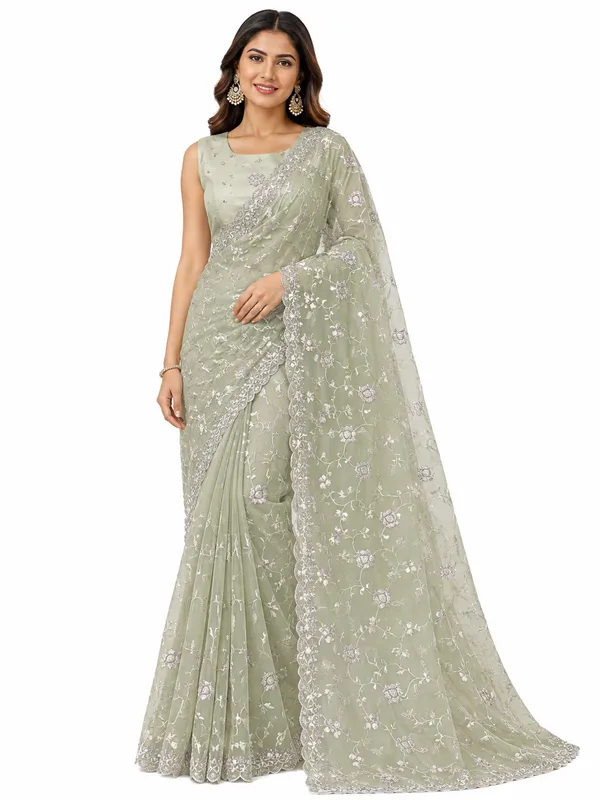 Pista_Green_Jaal_work_saree_for_Women