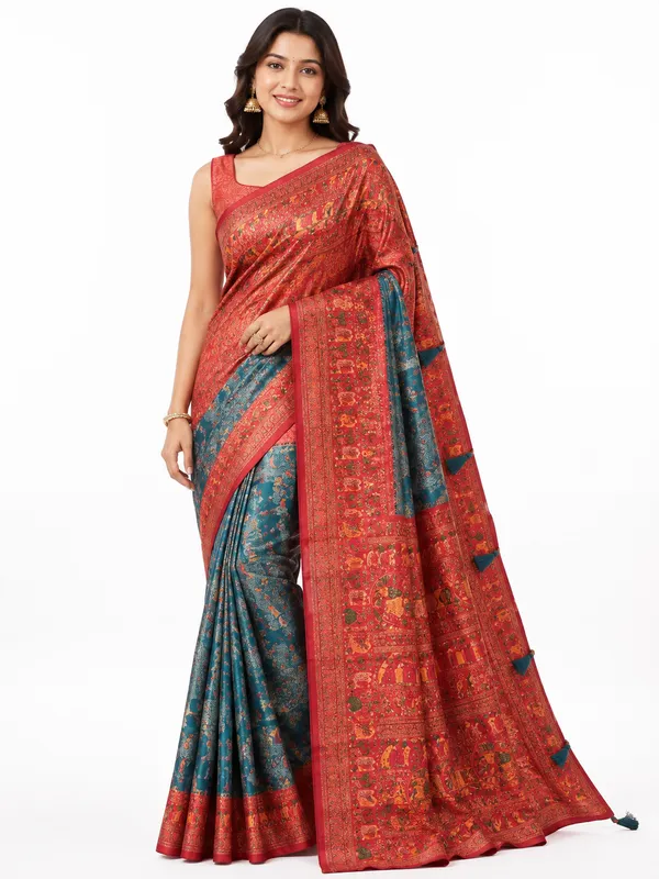 Teal_Blue_And_Rust_Red_Handwork_Dola_Silk_for_Women
