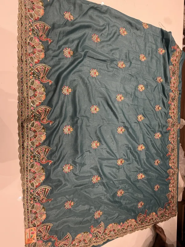 Sky_Blue_Embroidered_Saree_With_Blouse_Piece_For_Women