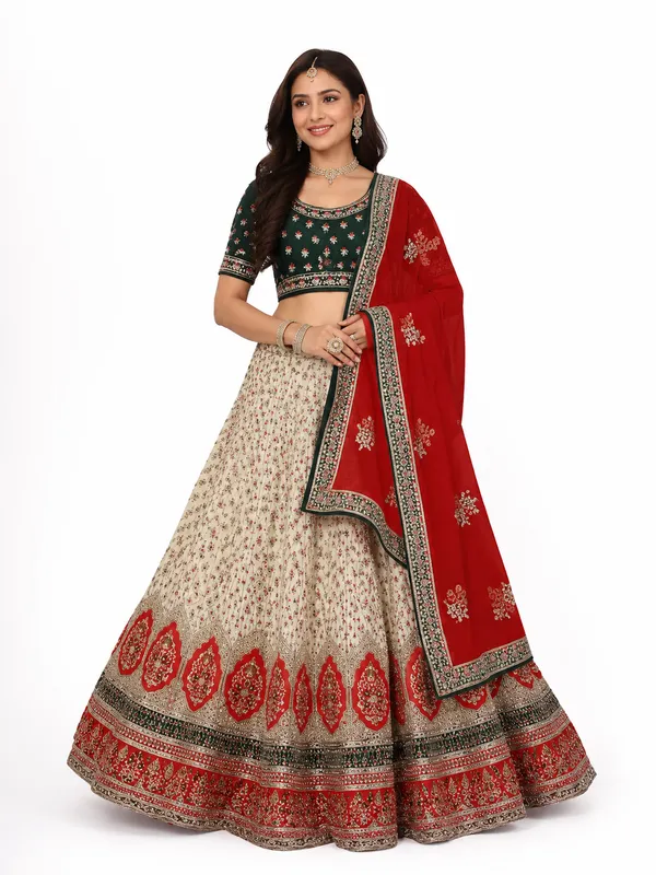 Bridal_White,_Red_And_Green_Unstitched_chaniya_choli_for_Women