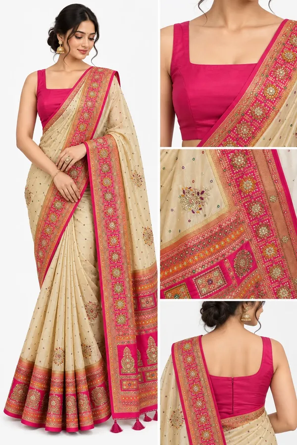 Cream,_With_A_Rani_Pink_Border_Saree_And_Blouse