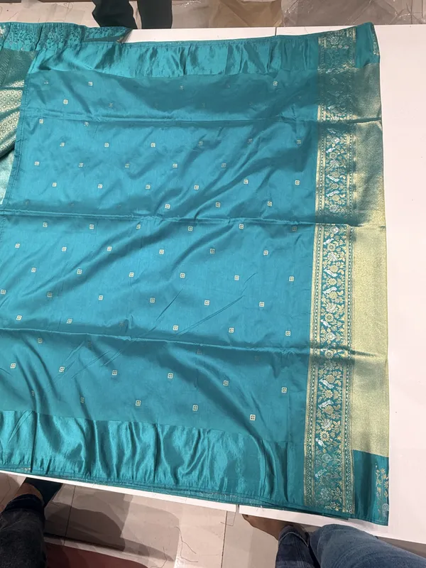 Teal_Blue_Golden_Kalamkari_Silk_Saree_For_Women