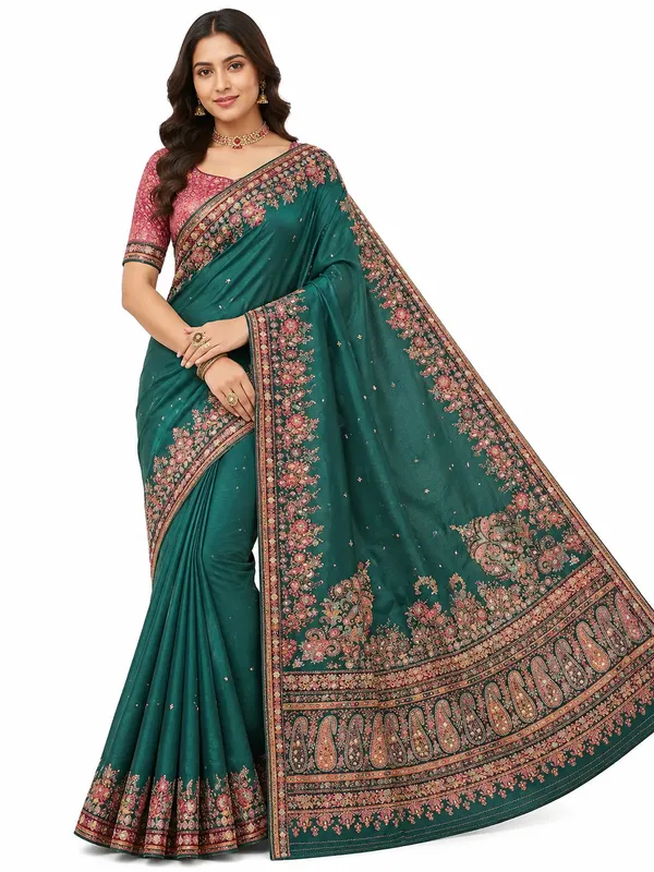 Teal_Green_Handwork_Saree_For_Women