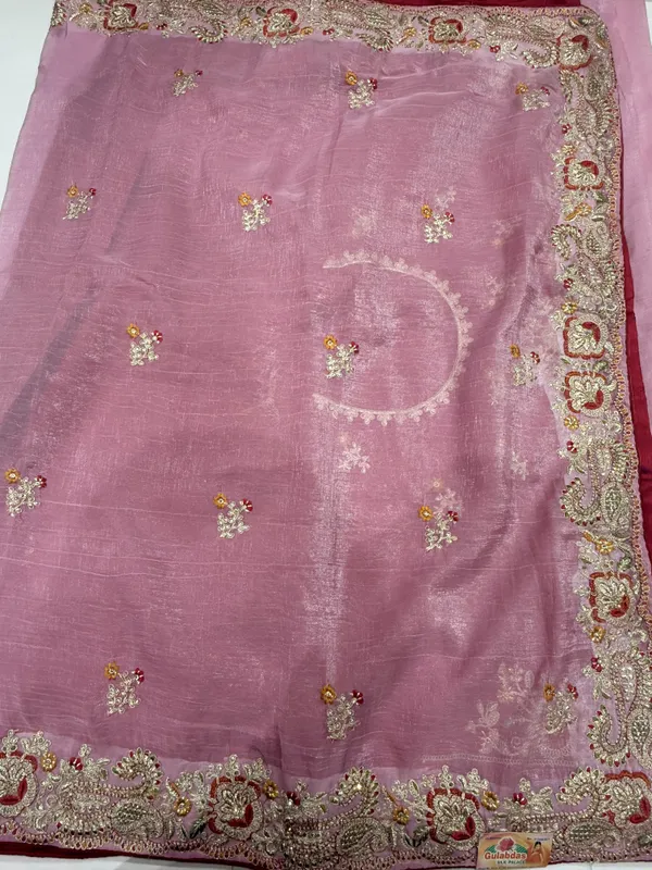 Pink_Embroidery_work_Saree_With_Red_Blouse_Piece_for_Women