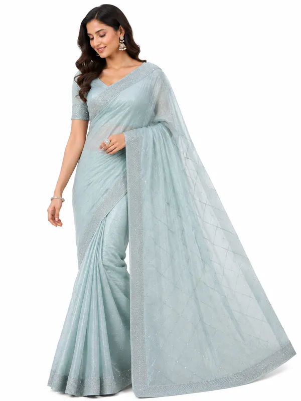 Sea_Blue_Diamond_work_Party_Wear_Saree_for_Women