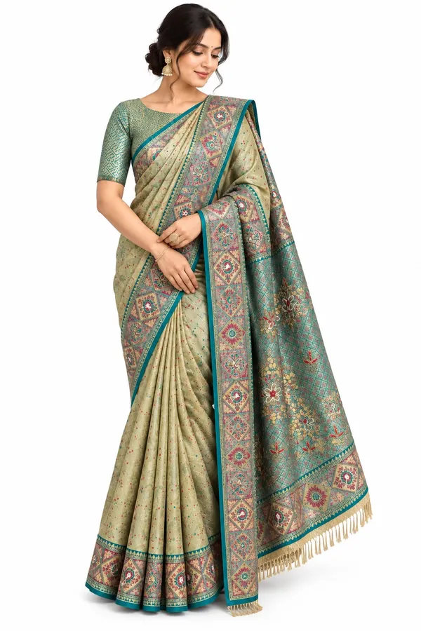 Light_Olive_With_Teal_Blue_Borders_Soft_Silk_Saree_For_Women