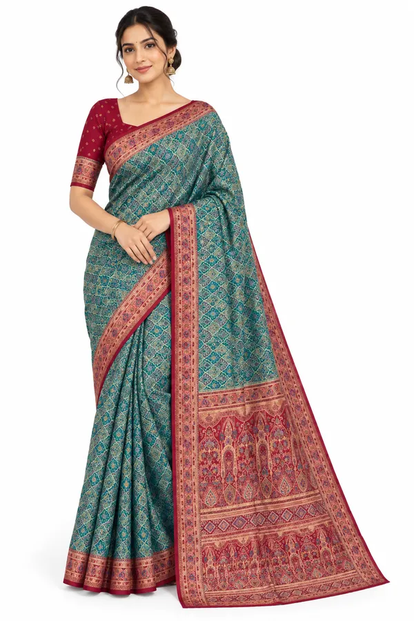 Pink_And_Teal_Blue_Patterned_Saree_For_Women