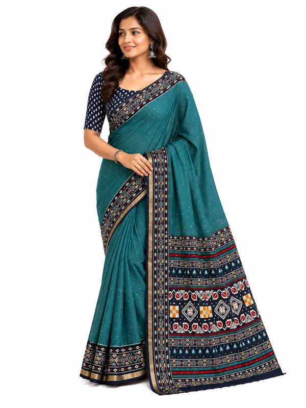 Teal_Green_Cotton_Mirror_Work_Saree_for_Women