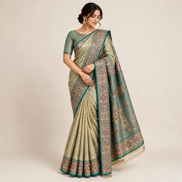Light_Olive_With_Teal_Blue_Borders_Soft_Silk_Saree_For_Women