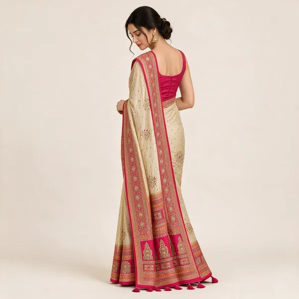 Cream,_With_A_Rani_Pink_Border_Saree_And_Blouse