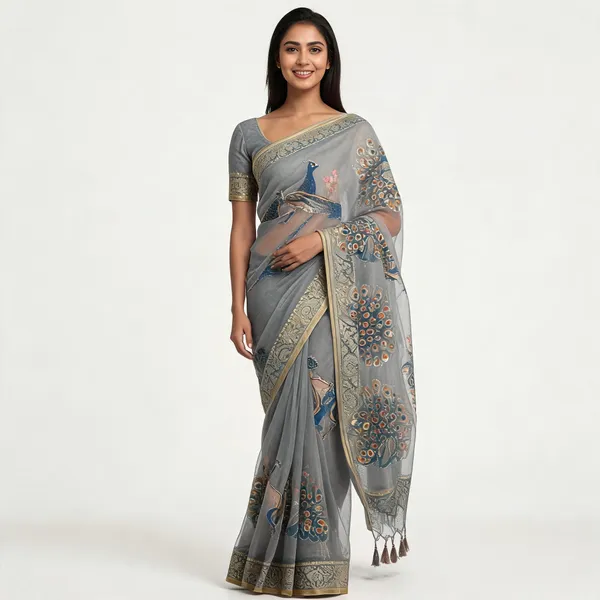 Grey_Organza_Peacock_design_Saree_with_kashyap_Work_for_Women