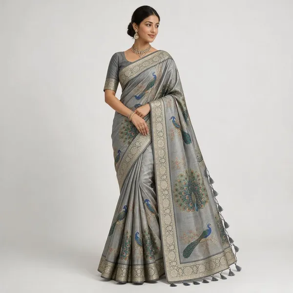 Grey_Organza_Peacock_Design_Saree_With_Kashyap_Work_For_Women