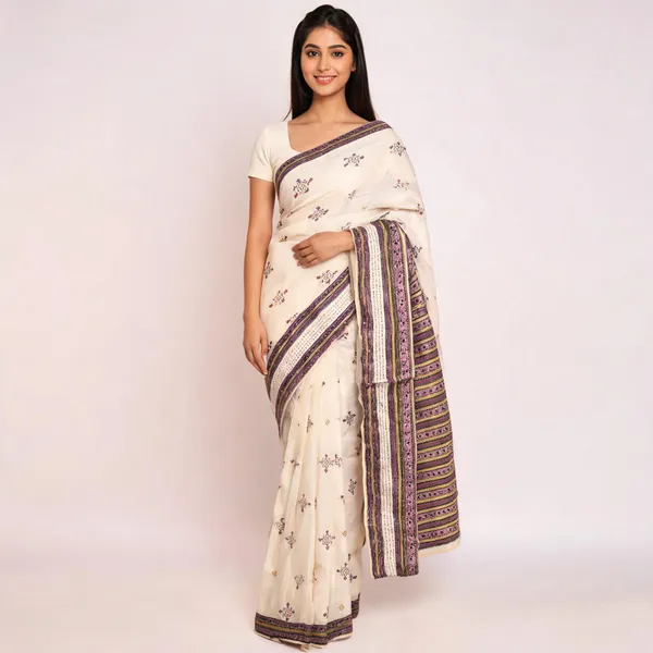 Cream_Printed_Saree_With_Patterned_Border_For_Women