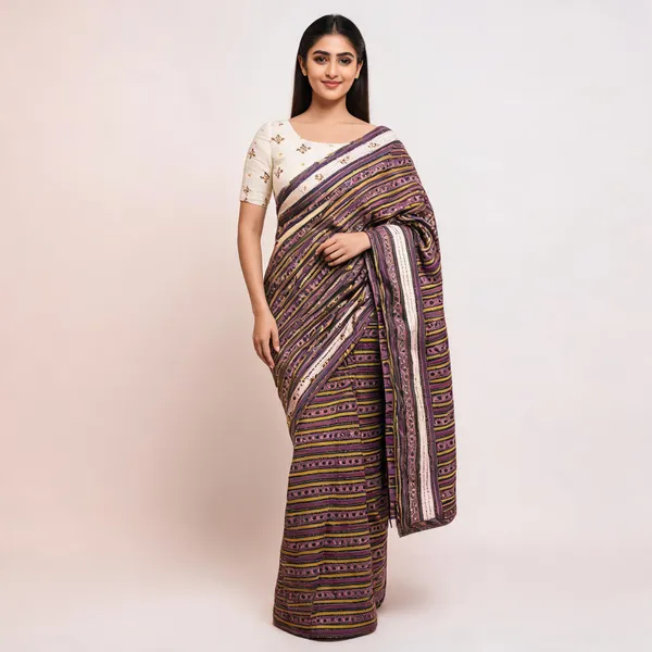 Cream_Printed_Saree_With_Patterned_Border_For_Women