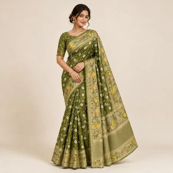 Olive_Green_Dola_Silk_Saree_For_Women