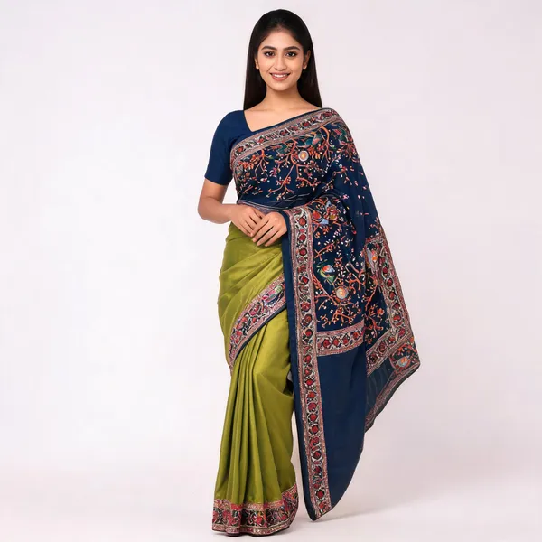 Parrot_Green_Blue_Floral_Saree_Handwork_For_Women