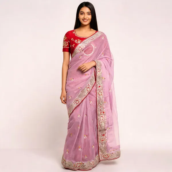 Pink_Embroidery_work_Saree_With_Red_Blouse_Piece_for_Women