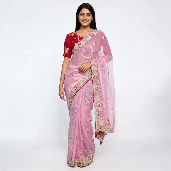 Pink_Embroidery_work_Saree_With_Red_Blouse_Piece_for_Women