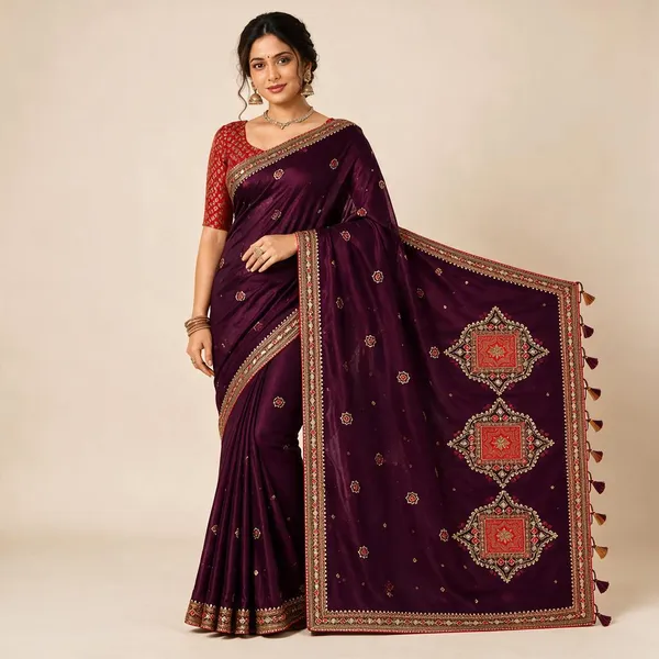 Deep_Wine_Purple_Saree_With_Pink_Blouse_For_Women